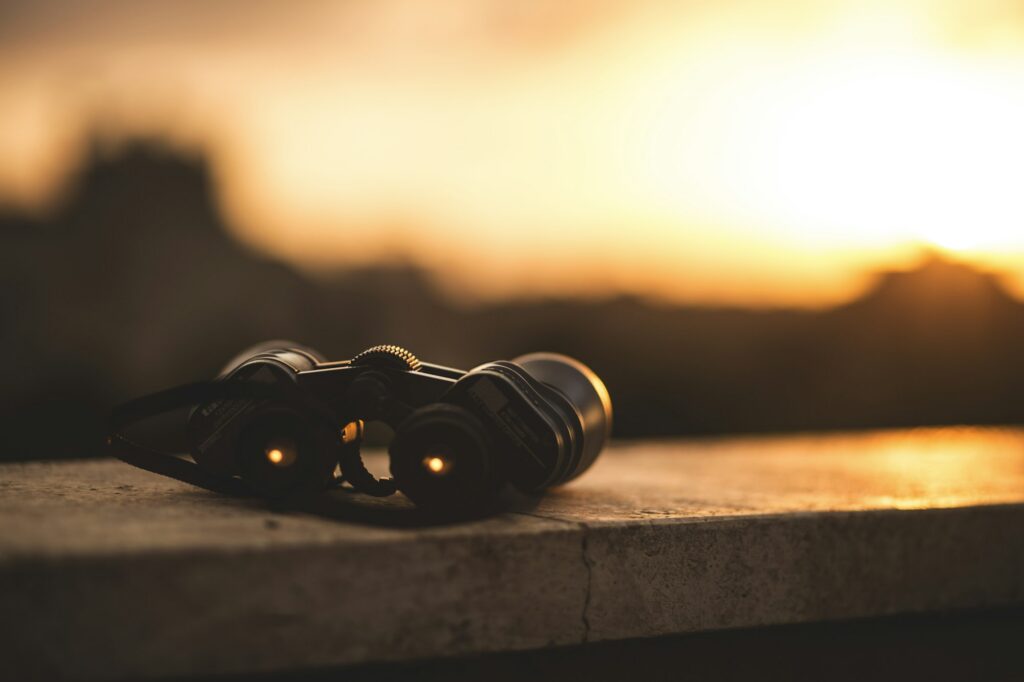 Binoculars resting on a ledge in golden morning light